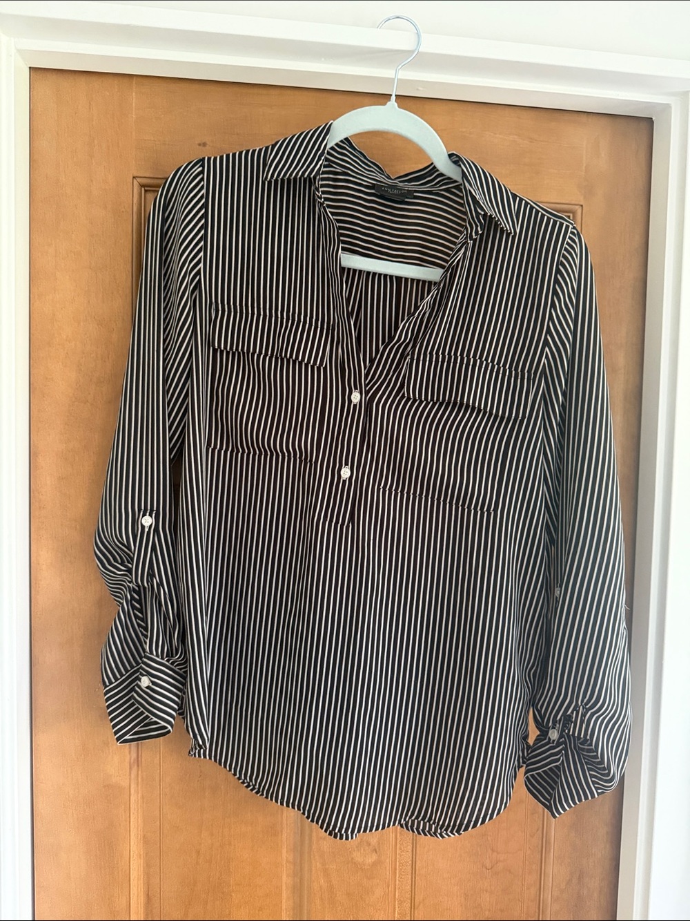 Ann Taylor Black and White Striped Button-Front Shirt